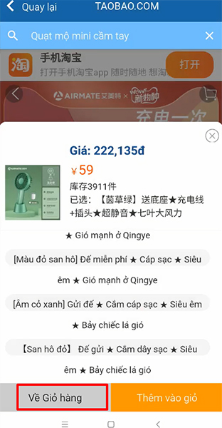 Bấm vào “Về giỏ hàng”