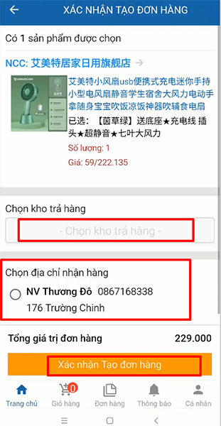 Bạn chọn kho, nơi nhận và xác nhận tạo đơn
