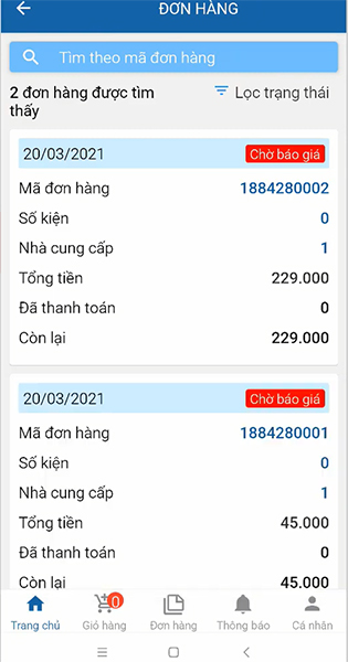 Bạn đã tạo đơn đặt hàng xong và chờ báo giá của nhân viên Thương Đô