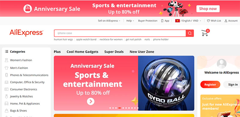 Giao diện trang web hàng Trung Quốc Aliexpress.com