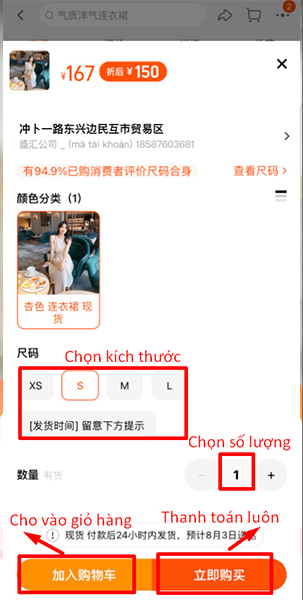 Lựa chọn thông số, bấm cho vào giỏ hàng hoặc thanh toán luôn