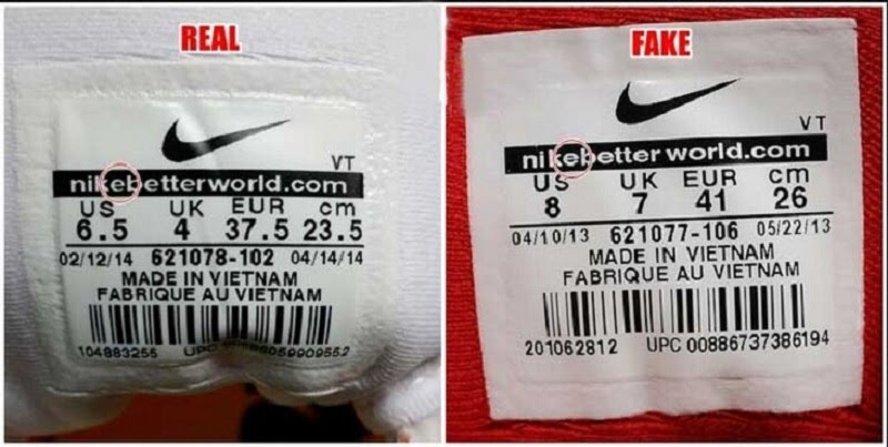 Chữ "e" của Nike thật được vuốt nhọn