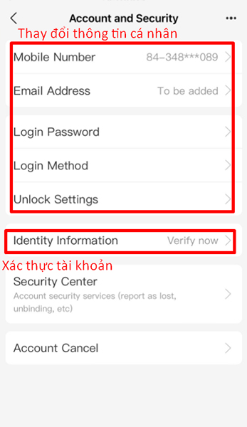 Bấm vào “Identity Information” để xác thực tài khoản