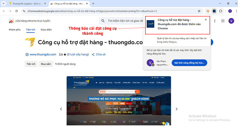 Thông báo hiển thị công cụ đặt hàng đã thêm vào trình duyệt thành công