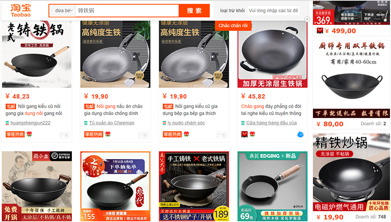 Order chảo gang trên Taobao