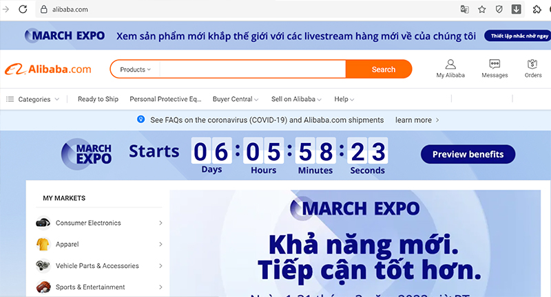 Đặt hàng trên các trang TMĐT của Alibaba