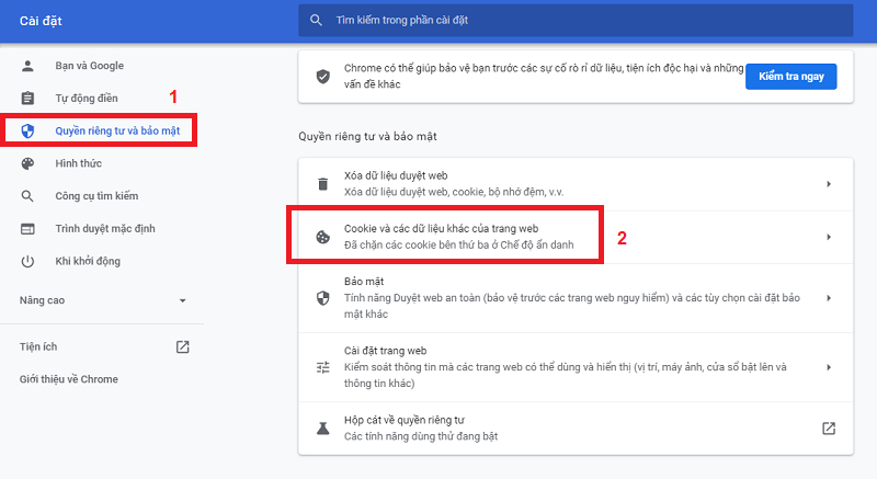 Bấm chọn “Quyền riêng tư và bảo mật”