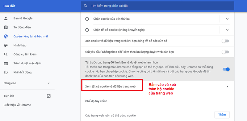 Xoá cookie và đăng nhập lại