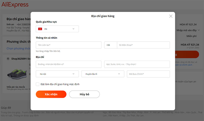 Nhập địa chỉ nhận hàng (ở Việt Nam) theo hướng dẫn của hệ thống