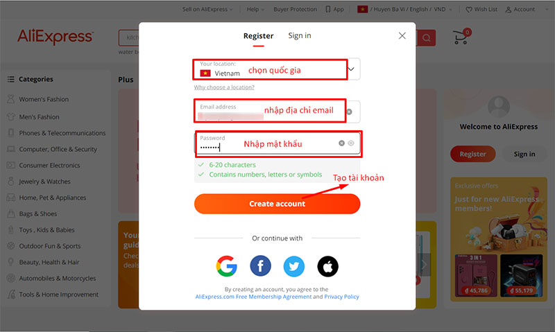Nhập email, mật khẩu đăng ký tài khoản aliexpress