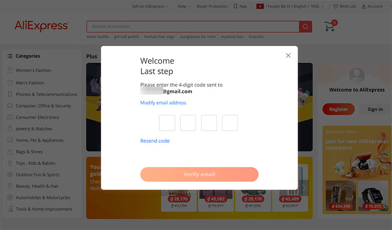 Nhập mã xác minh hoàn tất quá trình đăng ký tài khoản Aliexpress