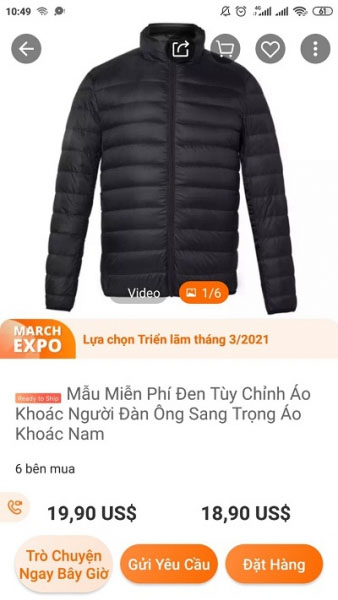 Lựa chọn sản phẩm cần mua trên app đặt hàng Alibaba