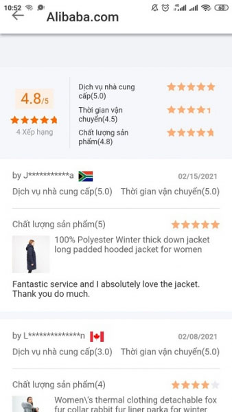 Xem phản hồi của khách hàng đã mua trên app đặt hàng Alibaba