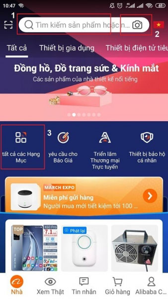 Tìm kiếm sản phẩm trên ứng dụng mua sắm Alibaba