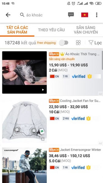 Màn hình kết quả tìm kiếm sản phẩm trên App Alibaba