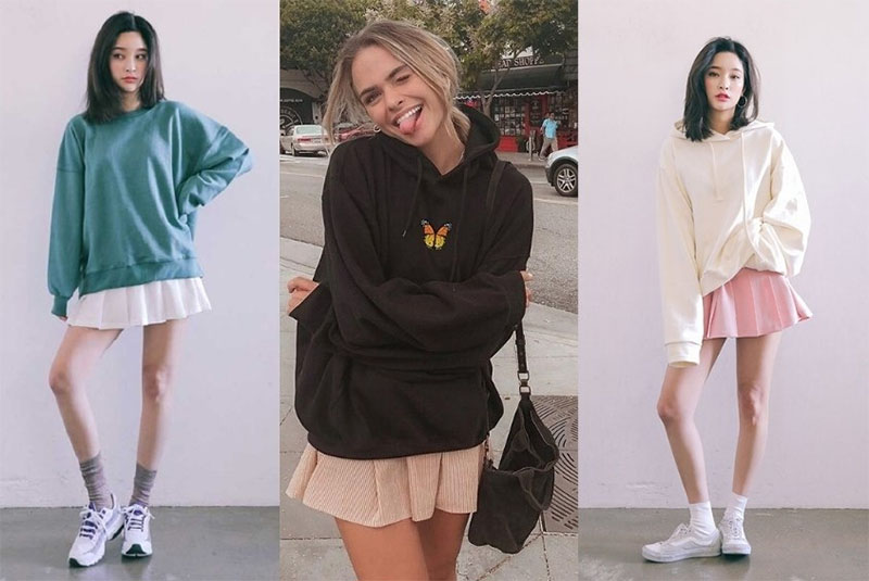 Áo hoodie phối với chân váy ngắn xòe