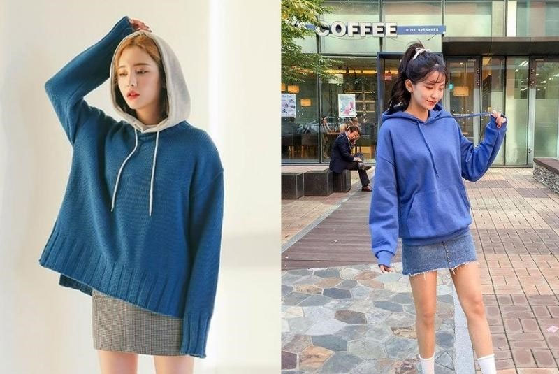 Áo hoodie phối với chân váy ngắn, ôm