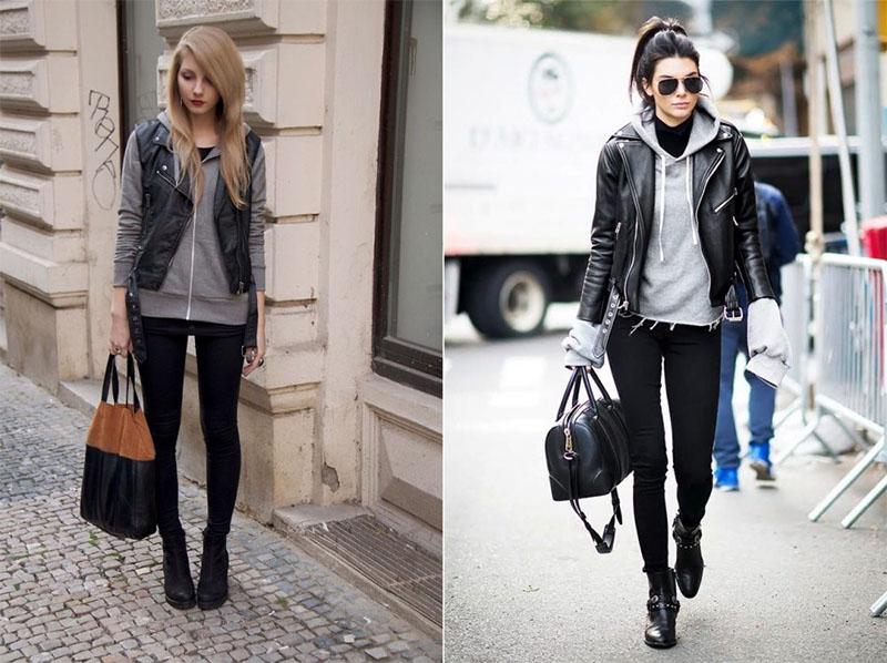 Áo hoodie phối cùng áo khoác da