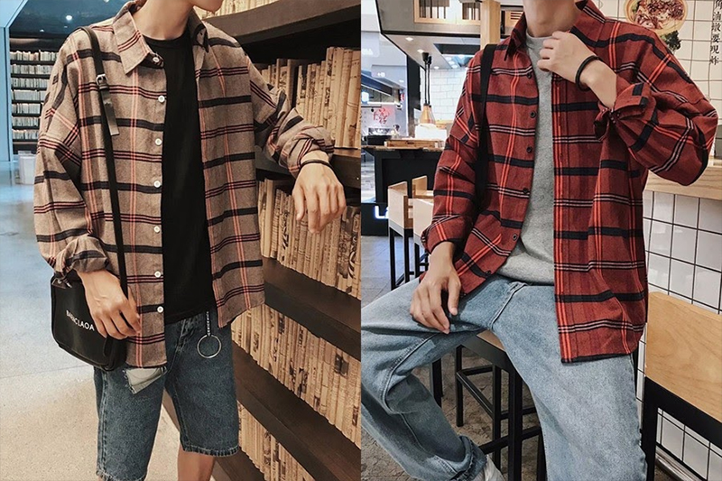 Combo quần jean ống suông + áo thun + sơ mi khoác ngoài