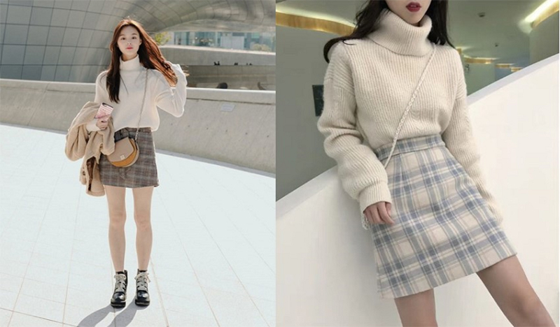Áo len cổ lọ, chân váy mix cùng bốt đùi cũng đủ giúp chị em giữ ấm và thu hút mọi ánh nhìn