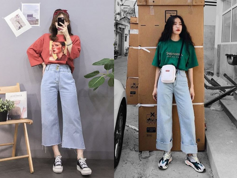 Set quần ống rộng cùng áo oversize sơ vin