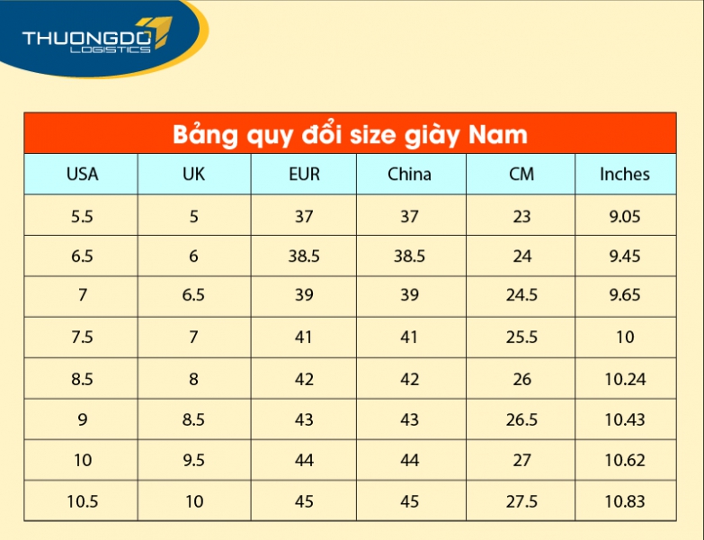 Bảng size giày Trung Quốc dành cho nam giới