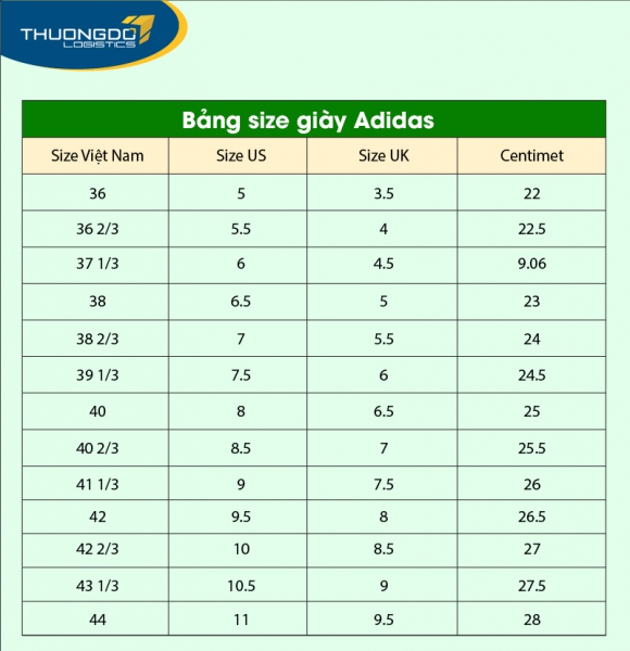 Bảng size giày nam Adidas