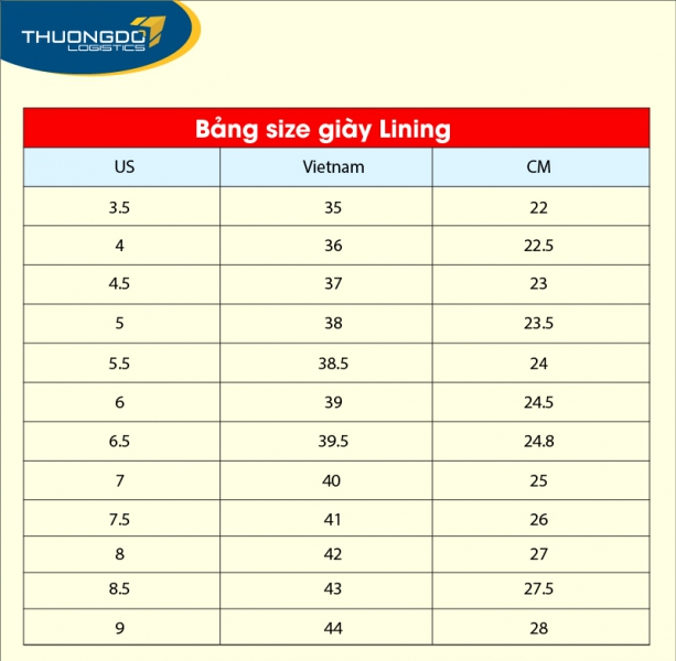 Bảng size giày Lining