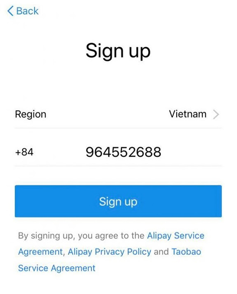Điền số điện thoại và bấm “Sign Up”