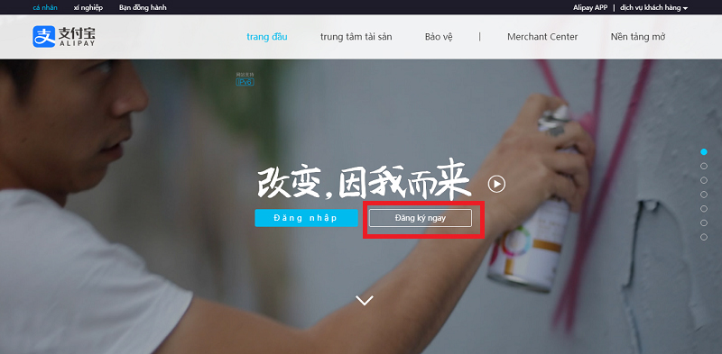 Bấm “Đăng ký ngay” để bắt đầu đăng ký Alipay