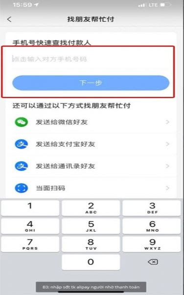 Nhập số tài khoản Alipay của người thanh toán hộ