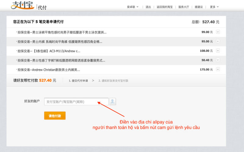 Điền địa chỉ Alipay của người thanh toán hộ